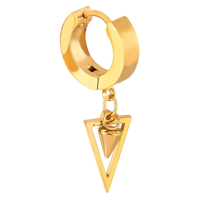 Men Women Steel Gold Color Huggie Hinged Hoop Earrings with Dangling Cone and Open Triangle - COOLSTEELANDBEYOND Jewelry