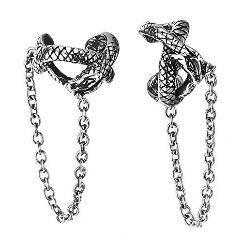 Men Women Steel Gothic Vintage Snake Ear Cuff Ear Clip Non-Piercing Clip On Earrings Dangling Chain - coolsteelandbeyond