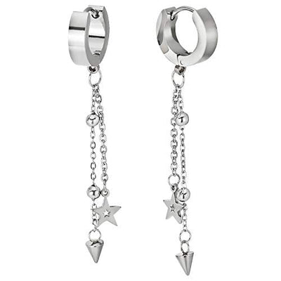 Men Women Steel Huggie Hinged Earrings with Double Long Chains Dangling Ball, Cone and Open Star - coolsteelandbeyond