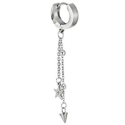 Men Women Steel Huggie Hinged Earrings with Double Long Chains Dangling Ball, Cone and Open Star - coolsteelandbeyond