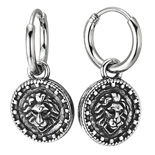 Men Women Steel Huggie Hinged Hoop Earring with Star Compass Cross Lion Head Dotted Circle Two-sided - coolsteelandbeyond