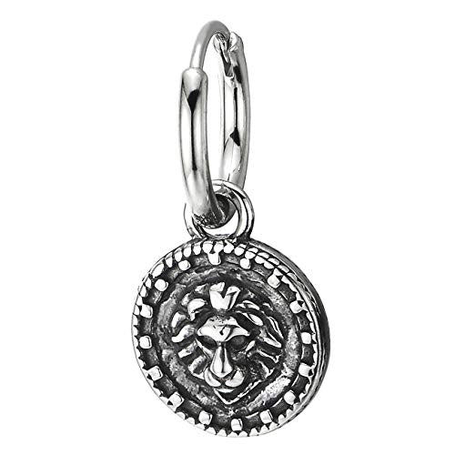 Men Women Steel Huggie Hinged Hoop Earring with Star Compass Cross Lion Head Dotted Circle Two-sided - coolsteelandbeyond