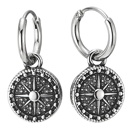 Men Women Steel Huggie Hinged Hoop Earring with Star Compass Cross Lion Head Dotted Circle Two-sided - coolsteelandbeyond