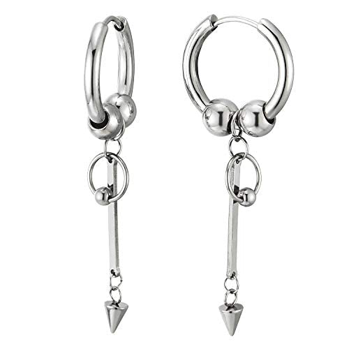 Men Women Steel Huggie Hinged Hoop Earrings Beads, Circle, Long Cuboid Stick Spike Cone, Drop Dangle - coolsteelandbeyond