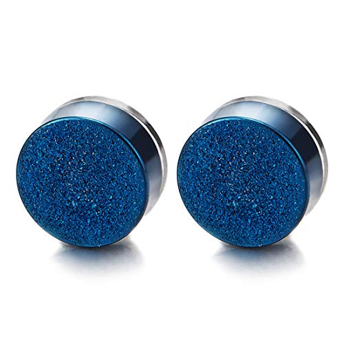 Men Women Steel Magnetic Blue Satin Circle Stud Earrings, Non-Piercing Clip On Cheater Fake Gauges - coolsteelandbeyond