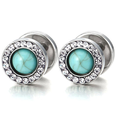 Men Women Steel Stud Earring, Illusion Tunnel Plugs Gauges, Blue Synthetic Turquoise and CZ, 2pcs - COOLSTEELANDBEYOND Jewelry