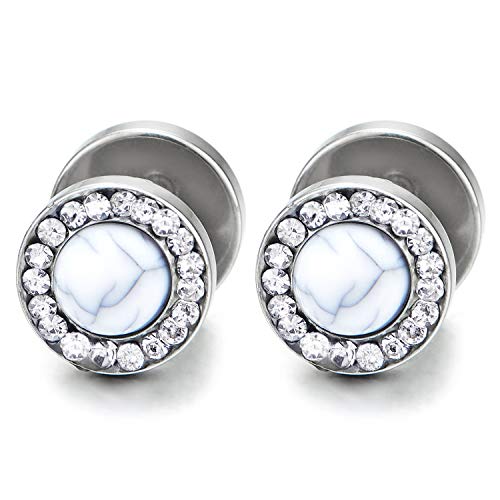 Men Women Steel Stud Earring, Illusion Tunnel Plugs Gauges, Blue Synthetic Turquoise and CZ, 2pcs - COOLSTEELANDBEYOND Jewelry