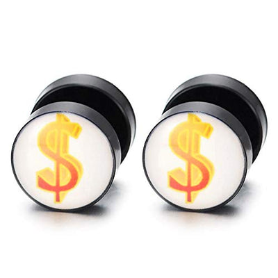 Men Women US Dollar Money Sign Black Stud Earrings, Steel Cheater Fake Plugs Gauges Illusion Tunnel - coolsteelandbeyond