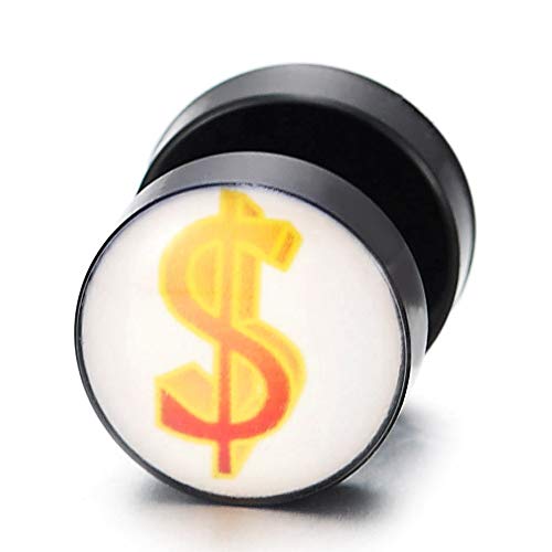 Men Women US Dollar Money Sign Black Stud Earrings, Steel Cheater Fake Plugs Gauges Illusion Tunnel - coolsteelandbeyond
