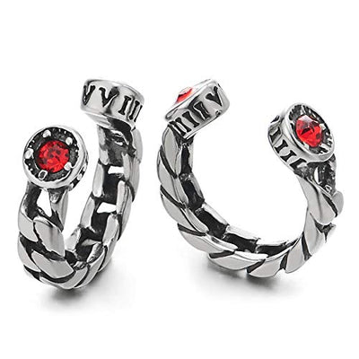 Men Women Vintage Steel Curb Chain Ear Cuff Ear Clip Non-Piercing Clip On Earring Red Cubic Zirconia - coolsteelandbeyond