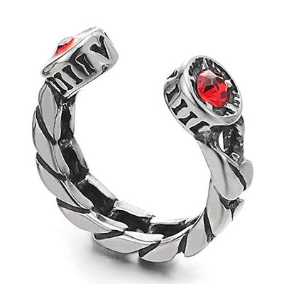 Men Women Vintage Steel Curb Chain Ear Cuff Ear Clip Non-Piercing Clip On Earring Red Cubic Zirconia - coolsteelandbeyond