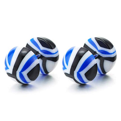 Men Women White Black Blue Geometric Pattern Barbell Half Ball Stud Earring Steel Fake Ear Plug - coolsteelandbeyond