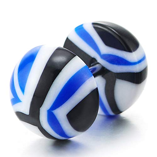 Men Women White Black Blue Geometric Pattern Barbell Half Ball Stud Earring Steel Fake Ear Plug - coolsteelandbeyond