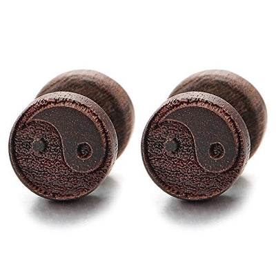 Men Women Wood Yin Yang Screw Stud Earrings, Steel Cheater Fake Ear Plug Gauges Illusion Tunnel 2pcs - coolsteelandbeyond