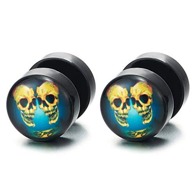 Men Womens Black Circle Stud Earrings with Yellow Blue Skulls, Steel Cheater Fake Ear Plugs Gauges - coolsteelandbeyond