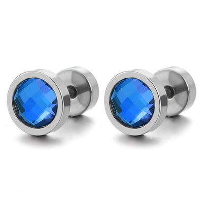 Men Womens Circle Stud Earrings 6MM Blue Rainbow Crystal, Steel Cheater Fake Ear Plugs Gauges Tunnel - coolsteelandbeyond