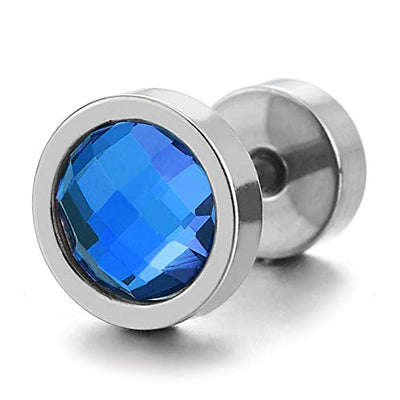 Men Womens Circle Stud Earrings 6MM Blue Rainbow Crystal, Steel Cheater Fake Ear Plugs Gauges Tunnel - coolsteelandbeyond