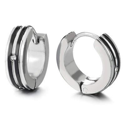 Men Womens Grooved Huggie Hinged Hoop Earrings with Black Enamel and Cubic Zirconia, Stainless Steel - COOLSTEELANDBEYOND Jewelry