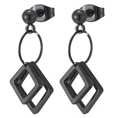 Men Womens Stainless Steel Black Ball Stud Earrings with Dangling Open Circle and Double Open Square - coolsteelandbeyond