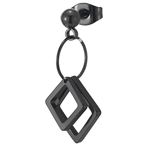 Men Womens Stainless Steel Black Ball Stud Earrings with Dangling Open Circle and Double Open Square - coolsteelandbeyond