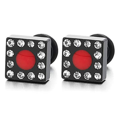 Men Womens Stainless Steel Black Square Stud Earrings with Cubic Zirconia and Red Enamel, Screw Back - coolsteelandbeyond