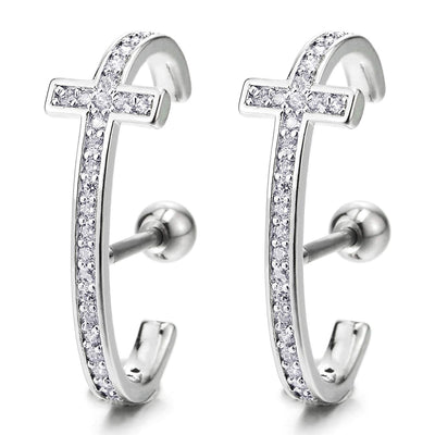 Men Womens Stainless Steel Cubic Zirconia Pave Cross Oval Hook Stud Earrings, Screw Back, Unique 1pc - COOLSTEELANDBEYOND Jewelry