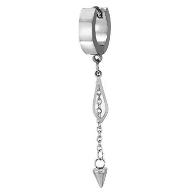 Men Womens Stainless Steel Huggie Hinged Earrings with Dangling Rhombus and Long Chain Cone, 2pcs - coolsteelandbeyond