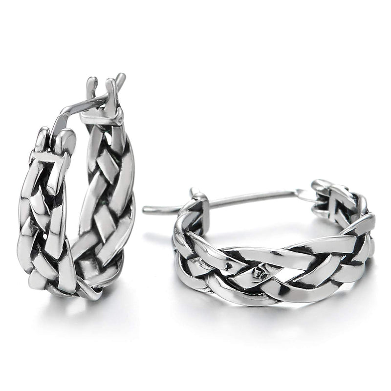 Men Womens Stainless Steel Vintage Tribal Braided Huggie Hinged Hoop Earrings - COOLSTEELANDBEYOND Jewelry