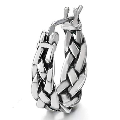 Men Womens Stainless Steel Vintage Tribal Braided Huggie Hinged Hoop Earrings - COOLSTEELANDBEYOND Jewelry