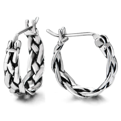 Men Womens Stainless Steel Vintage Tribal Braided Huggie Hinged Hoop Earrings - COOLSTEELANDBEYOND Jewelry