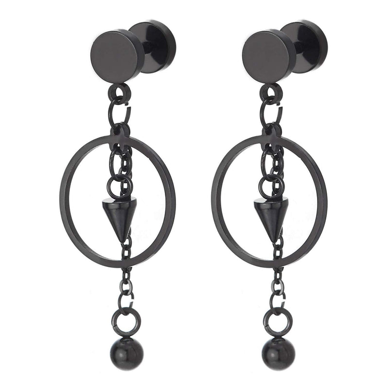 Men Womens Steel Black Barbell Circle Stud Earrings with Dangling Open Circle, Cone, Long Ball Chain - coolsteelandbeyond