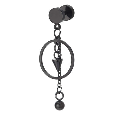 Men Womens Steel Black Barbell Circle Stud Earrings with Dangling Open Circle, Cone, Long Ball Chain - coolsteelandbeyond