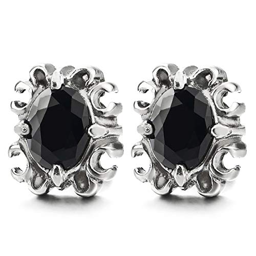 Men Womens Steel Ethnic Filigree Pattern Stud Earrings with Oval Black Cubic Zirconia, Screw Back - coolsteelandbeyond