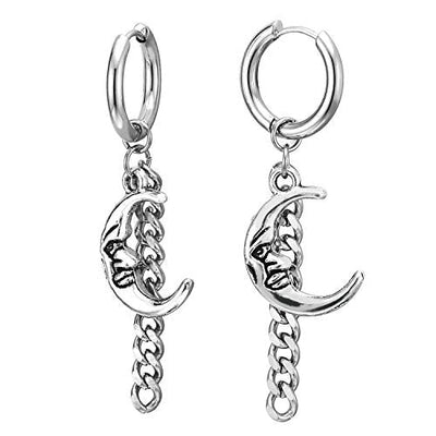 Men Womens Steel Huggie Hinged Hoop Earrings with Dangling Long Chain and Vintage Moon Crescent Hook - coolsteelandbeyond