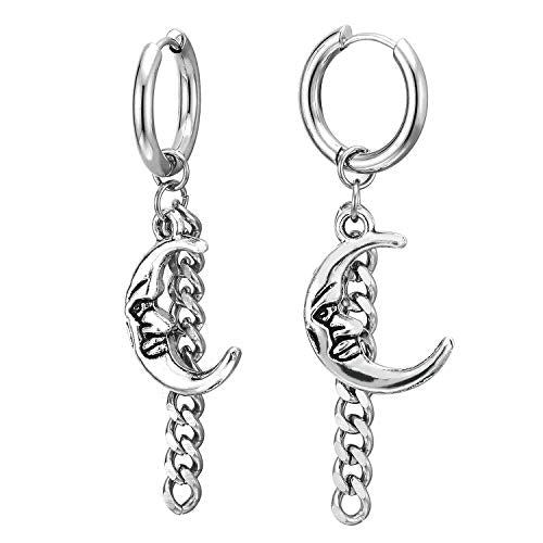 Men Womens Steel Huggie Hinged Hoop Earrings with Dangling Long Chain and Vintage Moon Crescent Hook - coolsteelandbeyond