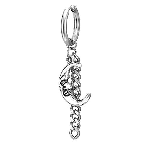 Men Womens Steel Huggie Hinged Hoop Earrings with Dangling Long Chain and Vintage Moon Crescent Hook - coolsteelandbeyond