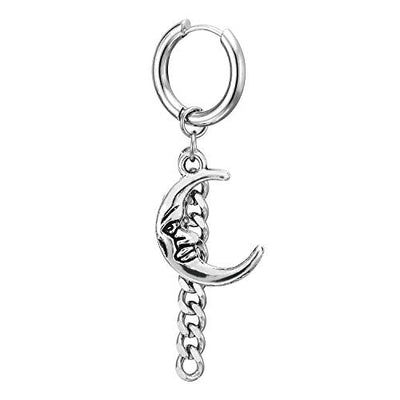 Men Womens Steel Huggie Hinged Hoop Earrings with Dangling Long Chain and Vintage Moon Crescent Hook - coolsteelandbeyond