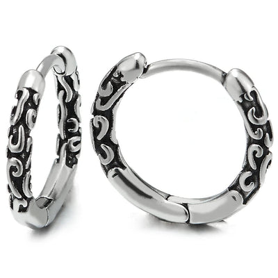 Men Womens Steel Vintage Tribal Huggie Hinged Hoop Earrings with Filigree Swirl - COOLSTEELANDBEYOND Jewelry