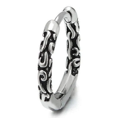 Men Womens Steel Vintage Tribal Huggie Hinged Hoop Earrings with Filigree Swirl - COOLSTEELANDBEYOND Jewelry