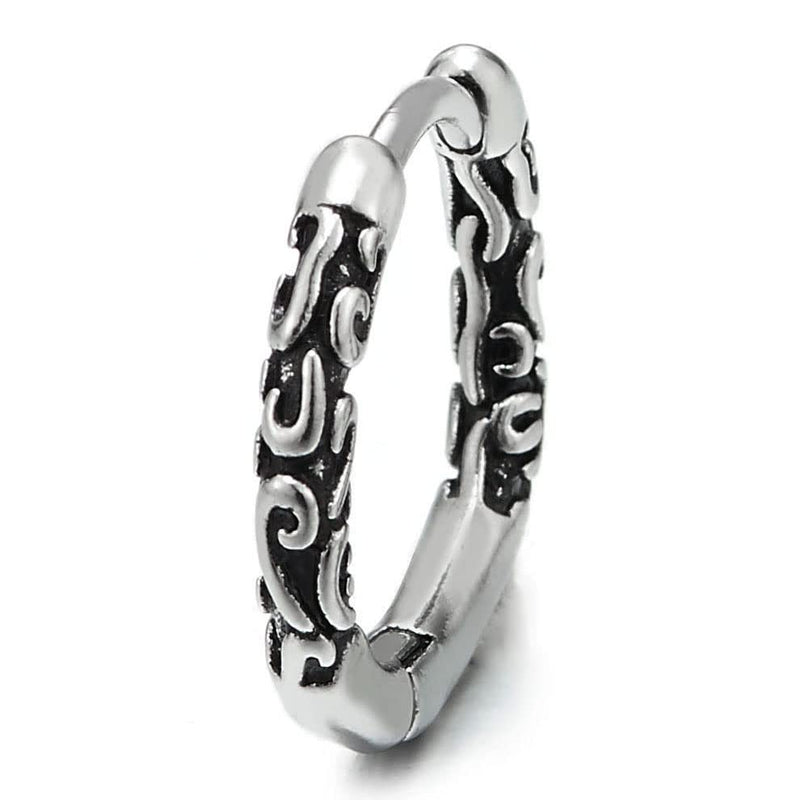 Men Womens Steel Vintage Tribal Huggie Hinged Hoop Earrings with Filigree Swirl - COOLSTEELANDBEYOND Jewelry