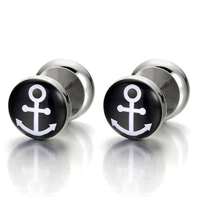 Mens 10MM Screw Stud Earrings with Anchor, Stainless Steel Cheater Fake Ear Plugs Illusion Tunnel - coolsteelandbeyond