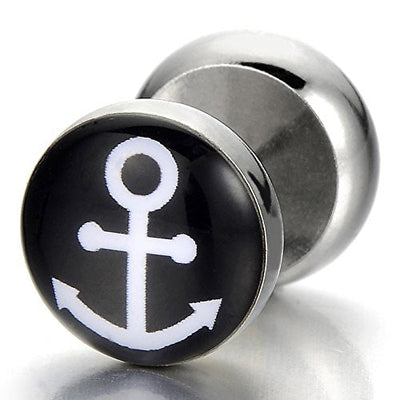 Mens 10MM Screw Stud Earrings with Anchor, Stainless Steel Cheater Fake Ear Plugs Illusion Tunnel - coolsteelandbeyond