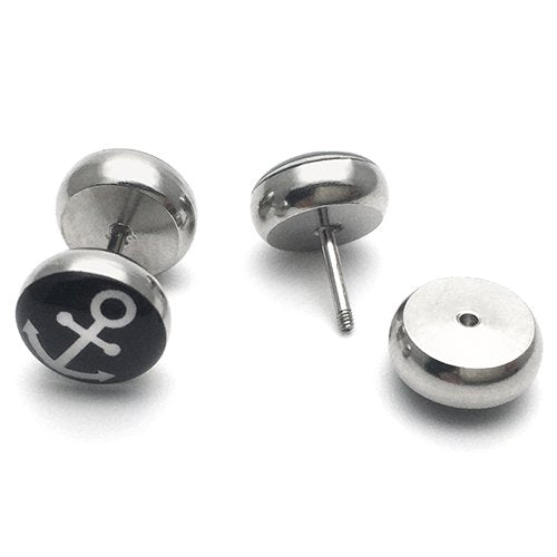 Mens 10MM Screw Stud Earrings with Anchor, Stainless Steel Cheater Fake Ear Plugs Illusion Tunnel - coolsteelandbeyond