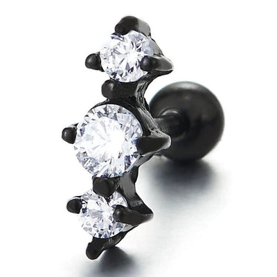 Mens and Women Stainless Steel Black Stud Earrings with Three Cubic Zirconia, Screw Back, 2pcs - COOLSTEELANDBEYOND Jewelry