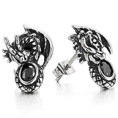 Mens Flying Dragon Stud Earrings Black Cubic Zirconia, Stainless Steel, 2 Pcs - coolsteelandbeyond