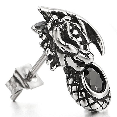 Mens Flying Dragon Stud Earrings Black Cubic Zirconia, Stainless Steel, 2 Pcs - coolsteelandbeyond