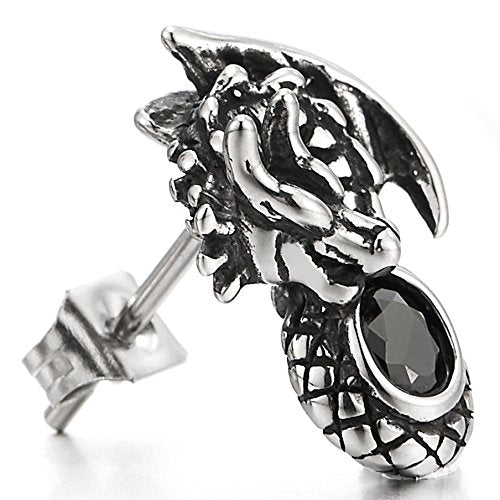 Mens Flying Dragon Stud Earrings Black Cubic Zirconia, Stainless Steel, 2 Pcs - coolsteelandbeyond