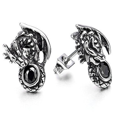 Mens Flying Dragon Stud Earrings Black Cubic Zirconia, Stainless Steel, 2 Pcs - coolsteelandbeyond