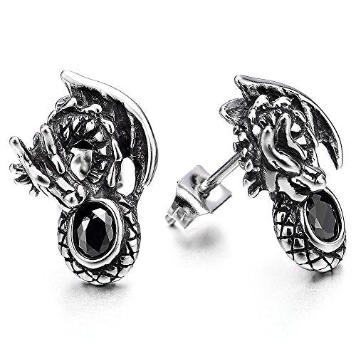 Mens Flying Dragon Stud Earrings Black Cubic Zirconia, Stainless Steel, 2 Pcs - coolsteelandbeyond