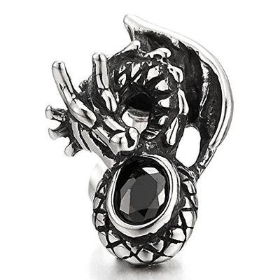 Mens Flying Dragon Stud Earrings Black Cubic Zirconia, Stainless Steel, 2 Pcs - coolsteelandbeyond